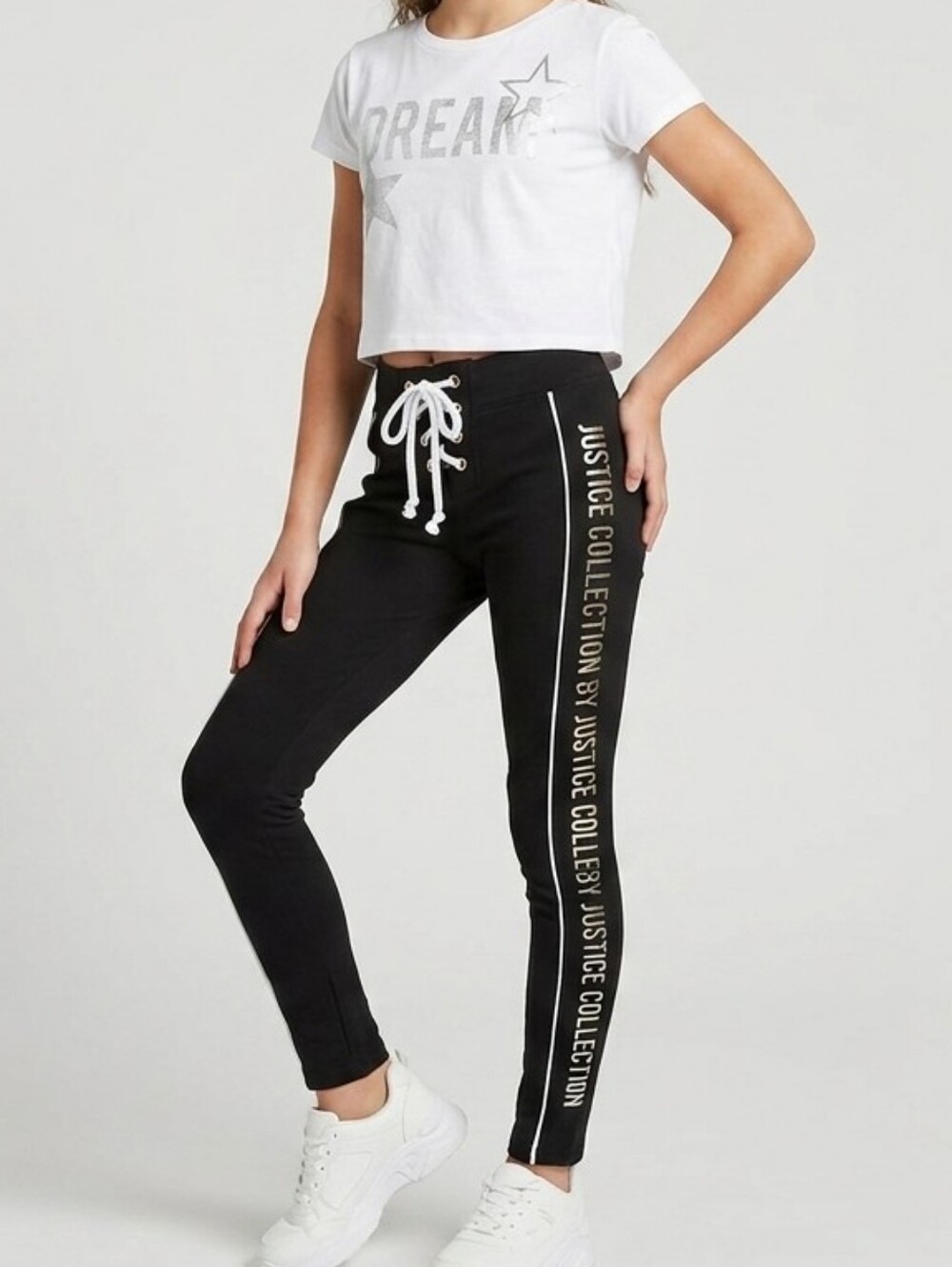Justice Girl's Size 18/20 Black Gold Spell Out Lace Front Leggings